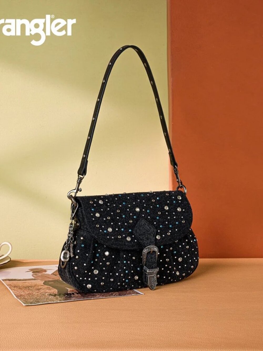 Wrangler Western Rhinestone Denim Flap Crossbody Shoulder Bag Black